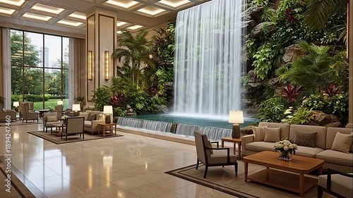 Luxurious hotel lobby with a stunning indoor waterfall, comfortable seating, and lush green plants.