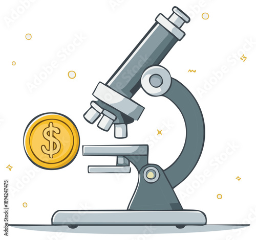 Microscope examining a gold dollar coin for business investment analysis