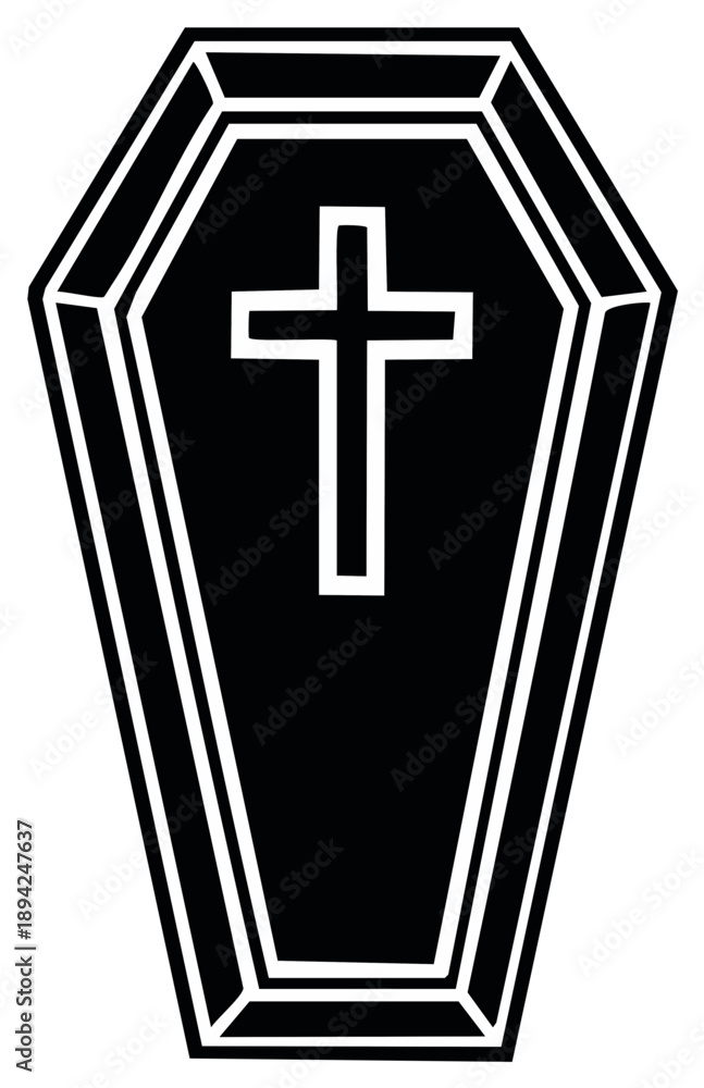 Obraz premium Simple Black and White Coffin Illustration with Christian Cross Symbol