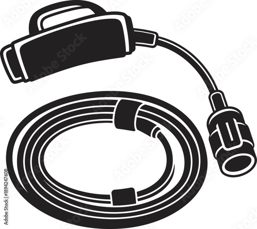 Professional black outline vector of a surfboard leash with an ankle cuff and coiled cord. Minimalist design perfect for surfing equipment branding, beach lifestyle logos, and watersports gear graphic