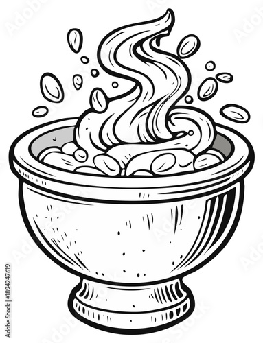 Smoking Elixir in Stone Bowl Outline Cartoon Illustration Drawing