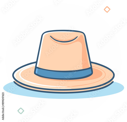 Cartoon style illustration of a sunhat in light colors, blue ribbon, stylish vacation headwear
