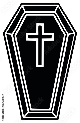 Simple Black and White Coffin Illustration with Christian Cross Symbol