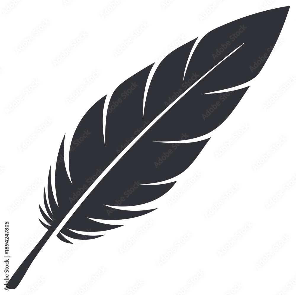 Fototapeta premium Stylized Feather Quill Illustration, Dark Gray Feathers on White Background