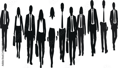 Silhouette business people walking, corporate team, professional attire, briefcases, workforce unity, forward motion, black outline, office illustration