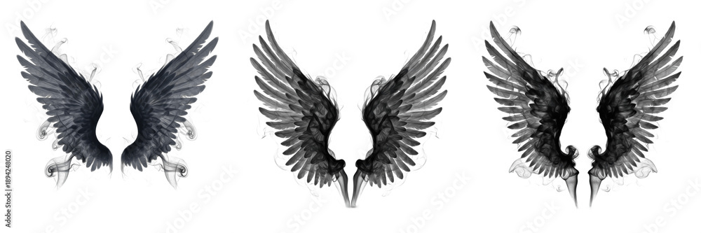 Obraz premium Shadow wings smoky effect isolated on white background, dark fantasy wings made of mist and smoke, supernatural shadow wings symbol of mystery, darkness and magic for gothic fantasy design