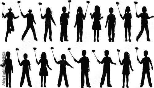 Silhouette children with selfie sticks, smartphone photography, modern kids, social media culture, technology interaction, youth lifestyle, digital generation, playful poses