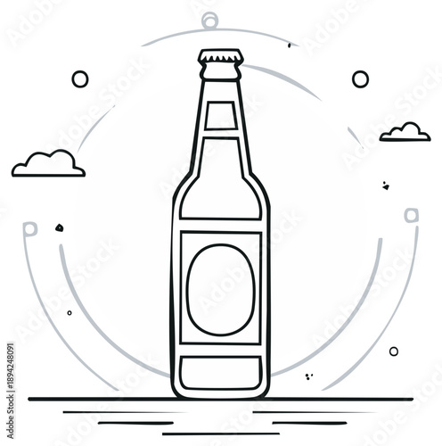 Minimalist illustration of a beer bottle with stylized clouds and circular design elements