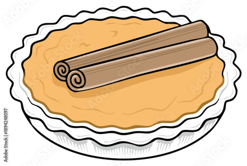 Delicious homemade pumpkin pie with cinnamon sticks illustration, traditional dessert for Thanksgiving celebration
