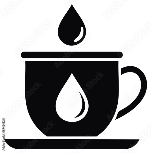Sleek cup and saucer icon with stylized falling water droplet, liquid symbol, clean design