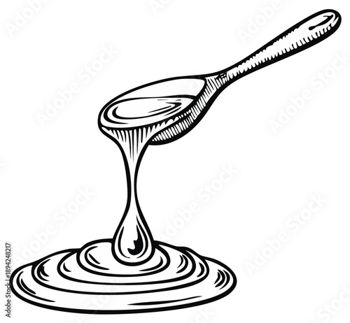 Hand drawn sketch of thick honey or syrup dripping from a spoon into a puddle