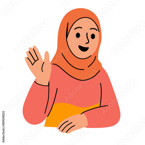 Muslim woman wearing hijab waving hand flat vector illustration