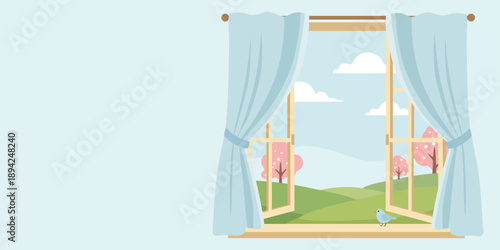 Vector illustration of an open window with curtains and a spring landscape outside the window. Soft pastel colors, a fresh morning atmosphere, a bird on the windowsill and an empty copy space.