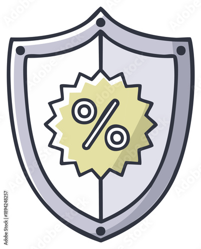 Shield with a starburst featuring a percent symbol representing security in discounts