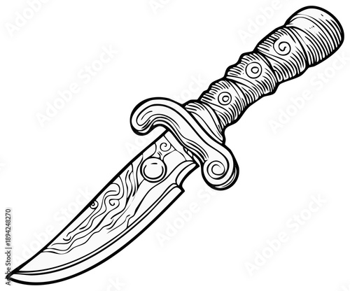 Detailed Fantasy Dagger Illustration Engraved Blade and Ornate Handle Design