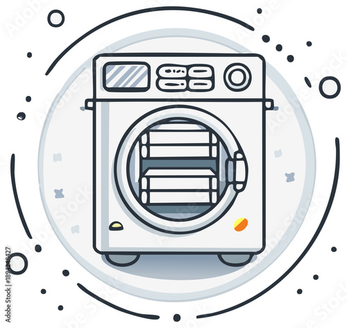 Stylized illustration of a white front load clothes dryer with open door and stacked laundry