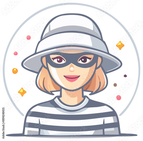 Illustration of a Female Thief with a Mask Wearing a Striped Shirt
