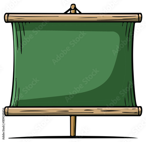 Blank green scroll banner hanging from rustic wooden rods with ample copy space