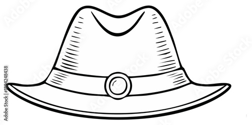 Elegant hand drawn Fedora outline illustration of a classic trilby hat with a round buckle