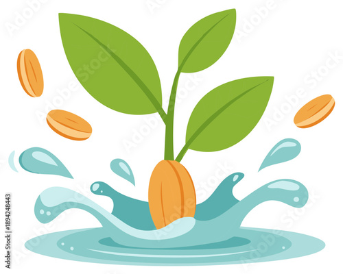 Sprouting Seedling with Leaves, Water Splash and Seeds Cartoon Illustration