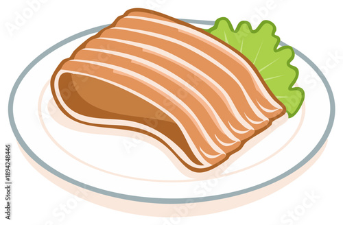 Cartoon depiction of sliced salmon sashimi served with lettuce on a plate