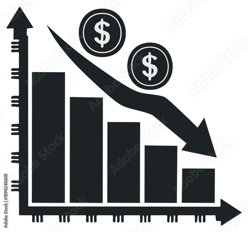 Decreasing bar graph with dollar coins symbolizing financial downturn and economic regression