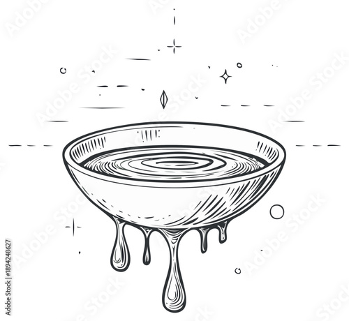 Ink drawing of a bowl with liquid and dripping drops, vintage style illustration.