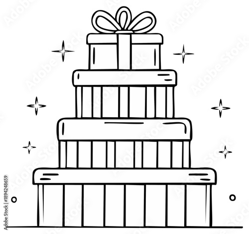 Stacked gift boxes with ribbon and sparkles line art for celebrations and holidays