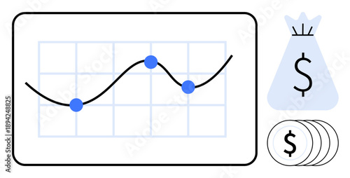 Line graph with data points on grid signifying financial trends and growth, accompanied by dollar icons and a money bag. Ideal for investment analysis, business reports, financial planning, economic