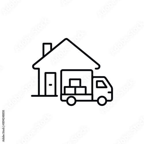 Property management moving service black and white house with delivery truck and boxes line icon vector illustration