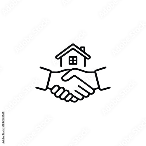 Property Management Handshake Icon Black And White Line Art Real Estate Agreement And Rental Service Concept
