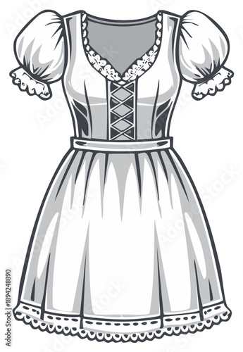 Vintage monochrome illustration of a traditional German dirndl folk dress for a beer festival