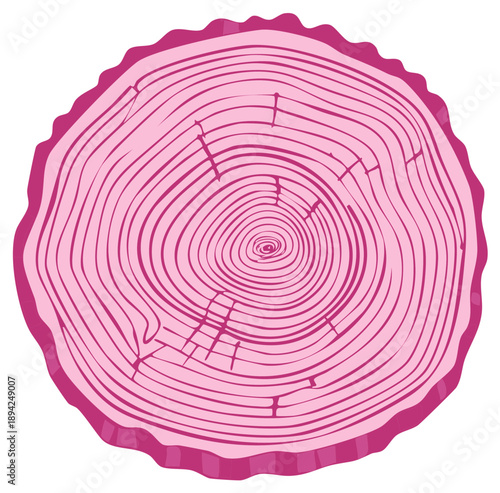 Stylized pink tree ring cross section illustration with abstract wood grain texture