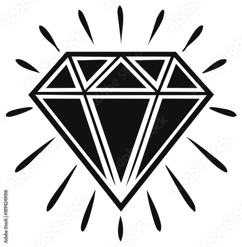 Glossy Diamond Gemstone Sparkle Radiant Cut Facets Shine Black And White Icon Symbol