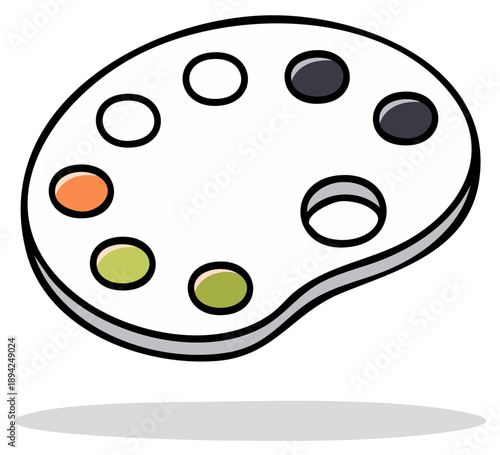 Cartoon artist's palette with color paint mixing wells isolated on white.