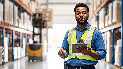 Happy African American warehouse worker holding a tablet in a logistics center with shelves and forklift
