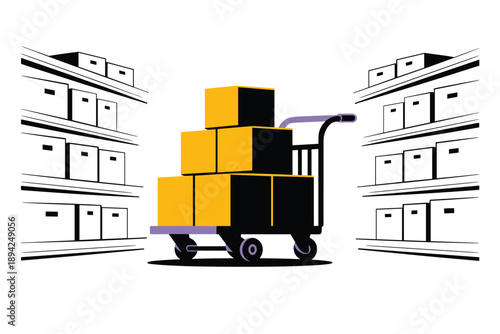 Warehouse Logistics with Shopping Cart and Boxes, supply chain concept