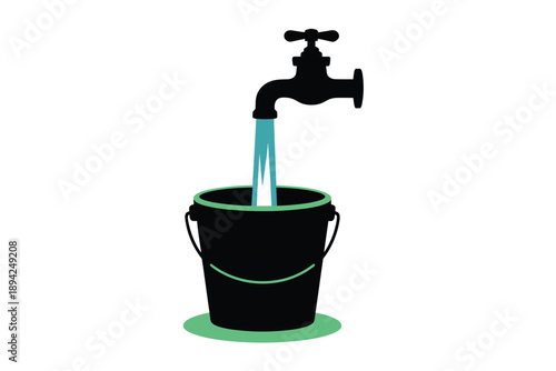 Water tap filling a bucket, water conservation concept