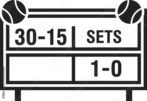 Professional black silhouette vector of a tennis scoreboard displaying match points and sets. High-quality minimalist design ideal for tournament branding, sports club logos, and tennis match graphics