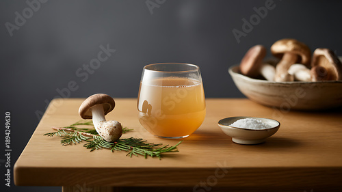 Healthy Shiitake Mushroom Drink with Natural Ingredients on Wooden Table