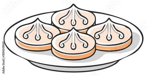 Vector cartoon illustration of traditional Georgian Khinkali or Chinese soup dumplings served on a plate