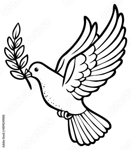Outline drawing of a dove with an olive branch in its beak, symbolizing peace, hope, and new beginnings