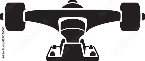Professional black silhouette vector of a skateboard truck with wheels. High-quality minimalist flat design perfect for skate shop branding, extreme sports hardware logos, and street culture graphics.