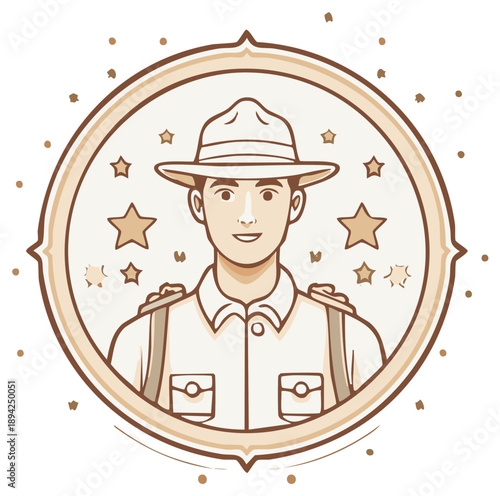 Cartoon ranger in a badge with stars around him, illustration of a male officer