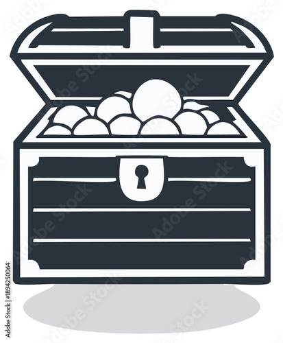 Open wooden treasure chest filled with gold coins and gems simple vector illustration