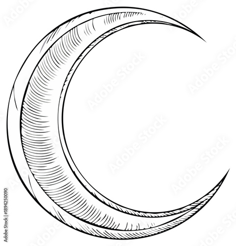Crescent moon sketch. Detailed hand drawn lunar phase. Outline illustration.