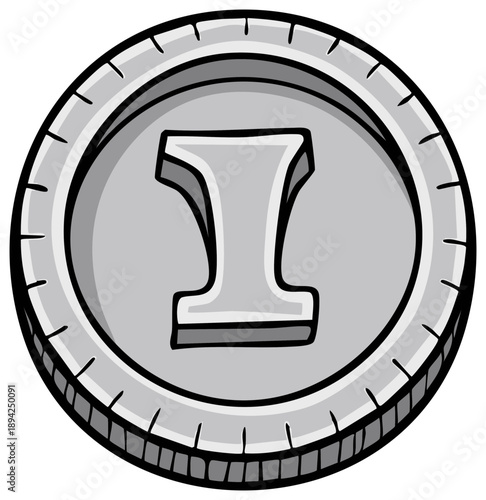 Cartoon coin with the number 1. Silver metal coin illustration, finance concept.