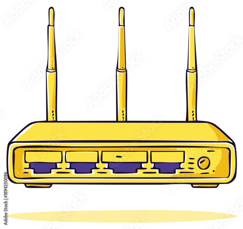 Yellow Wireless Router with Three Antennas and Ethernet Ports