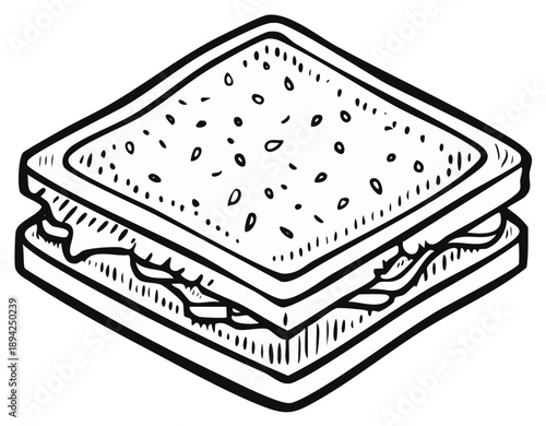 Isometric sandwich illustration with bread and filling viewed from above, hand drawn linear graphic for menu designs