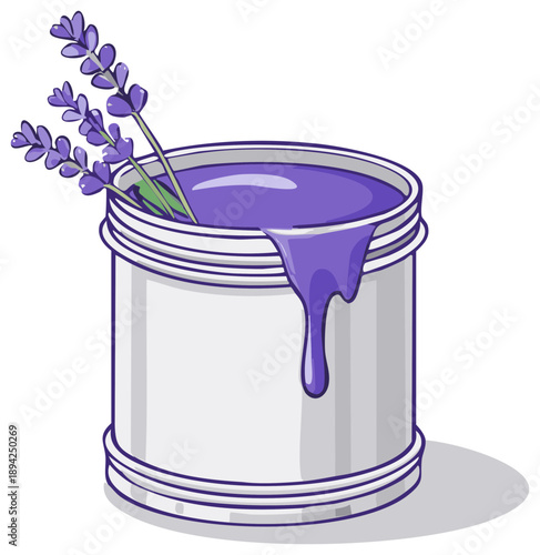 Purple paint in an open can with lavender sprigs and drippings